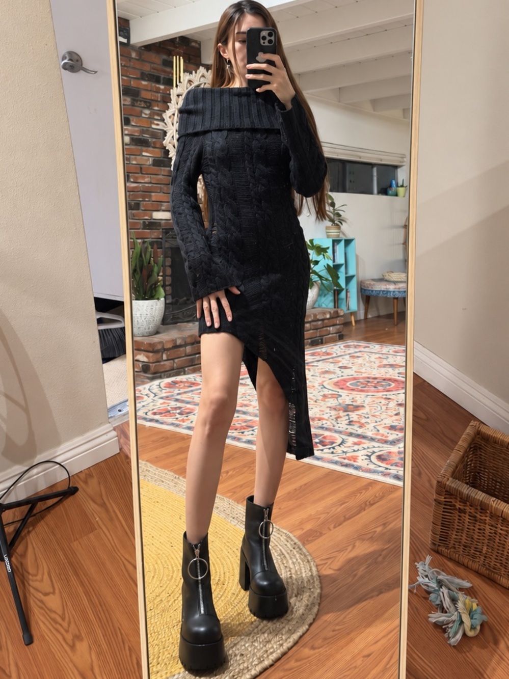 Dolls Kill Black Off-Shoulder Asymmetrical Cable Knit Dress